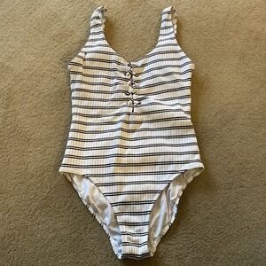 SEAFOLLY INKA RIBBED BLACK/WHITE STRIPED LACE-UP ONE PIECE SWIMSUIT SIZE‎ 14